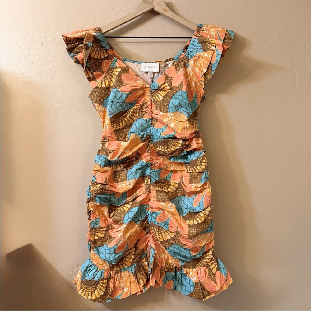 Cleobella Tiana Mini Dress In Riviera Print Small Flutter Sleeve Ruched Tropical